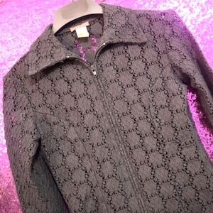 CROCHET LACE JACKET S Georgette 90s Y2K Vintage Black Sheer Zip Collared Fall
